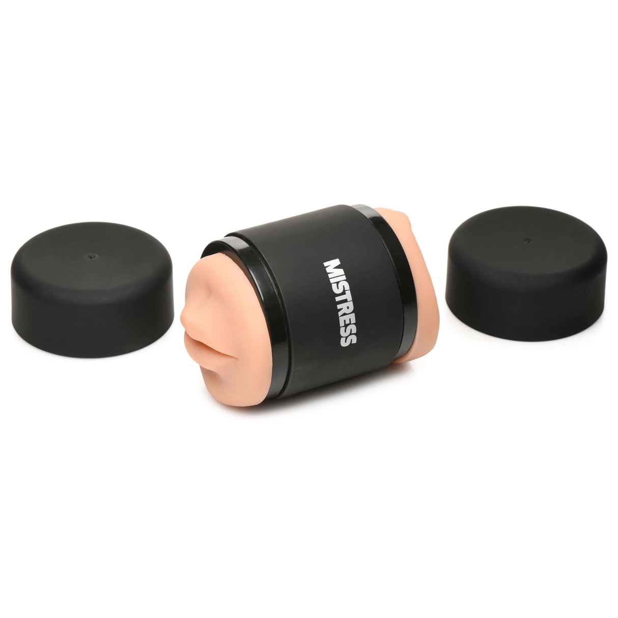 Double Shot Mouth & Ass Stroker Medium with caps on either side for travel-friendly pleasure.