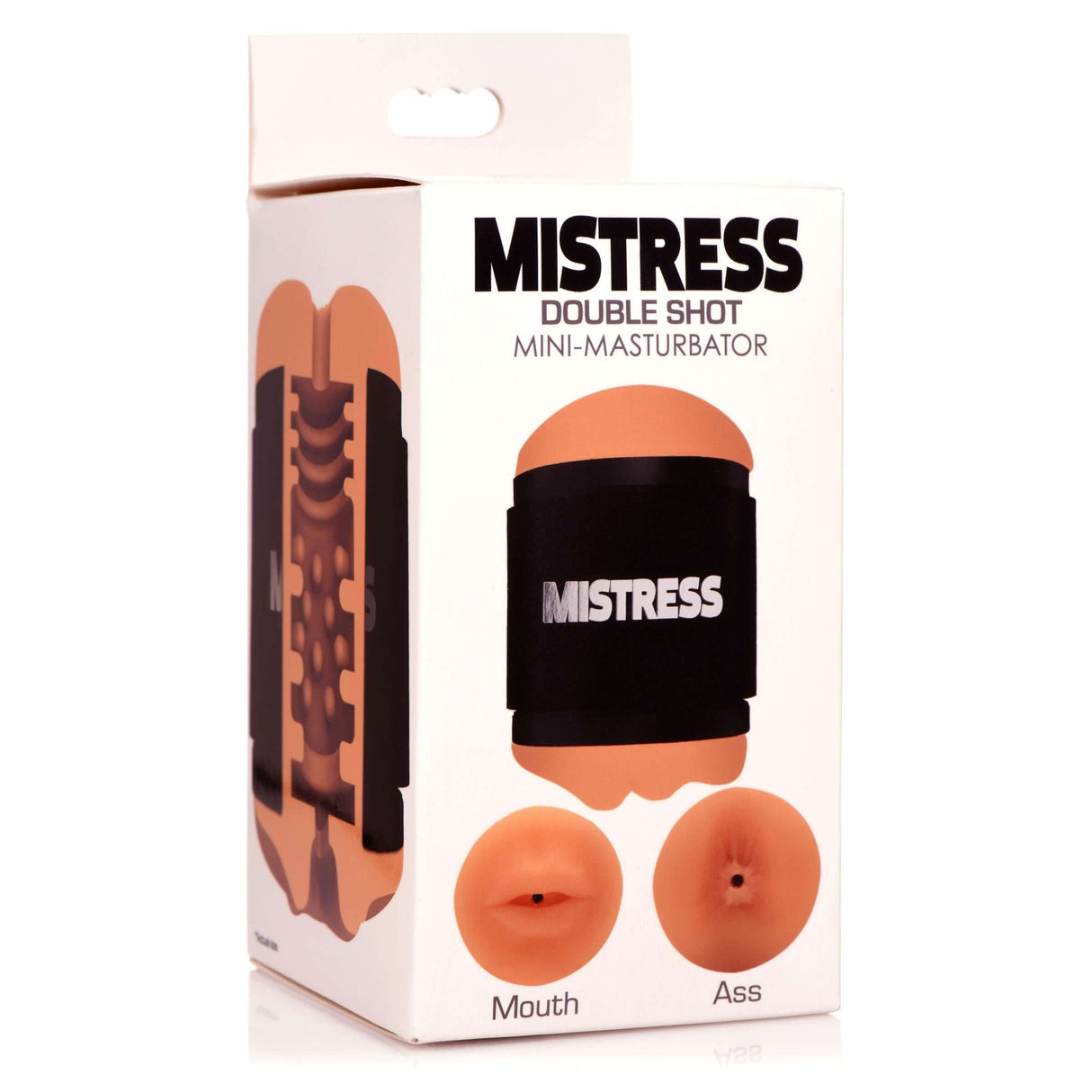 Double Shot Mouth & Ass Stroker Medium product packaging showing mouth and ass openings for dual-entry pleasure.