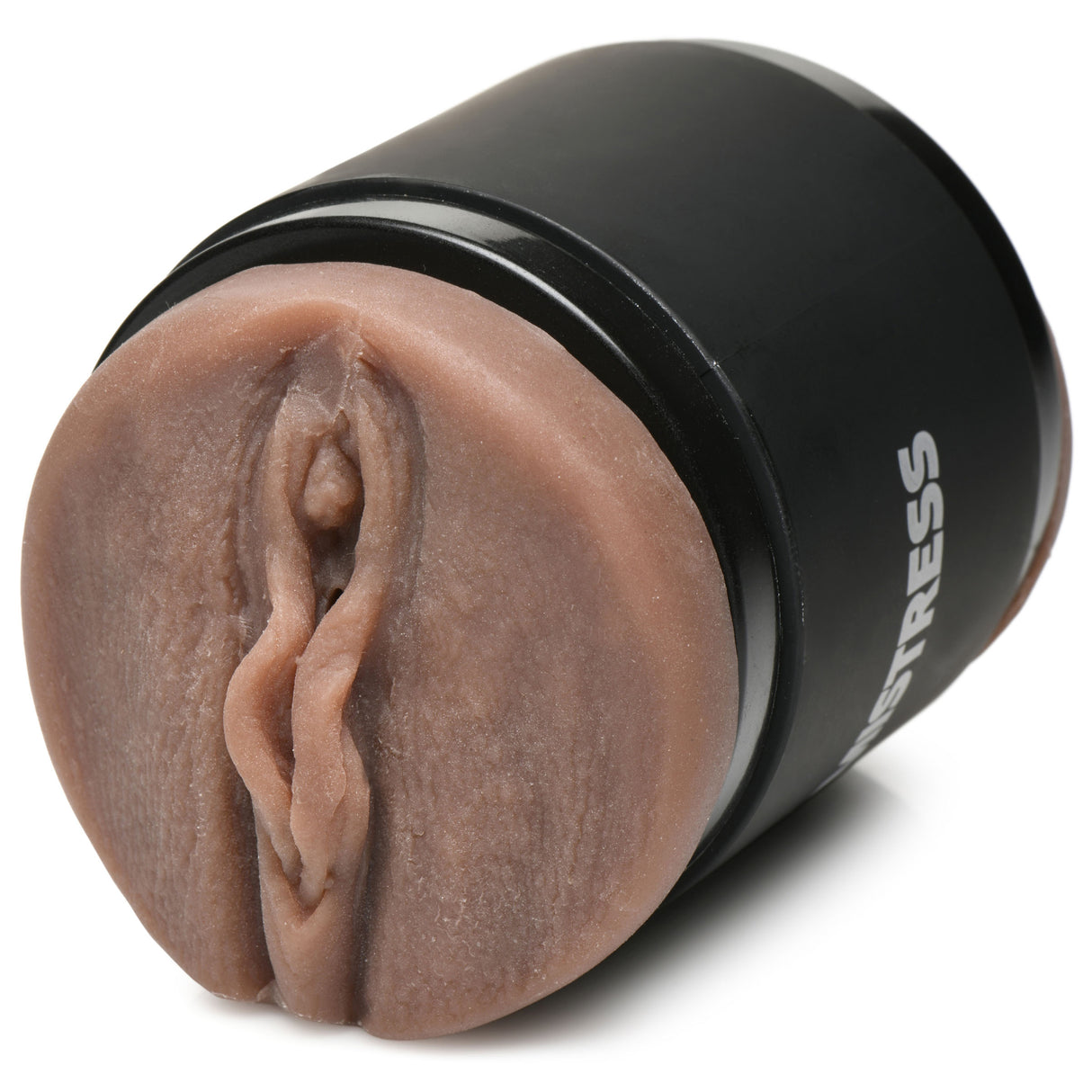 Mistress Double Shot Mouth & Pussy Stroker Dark with lifelike vulva entrance for enhanced solo or partnered experiences.