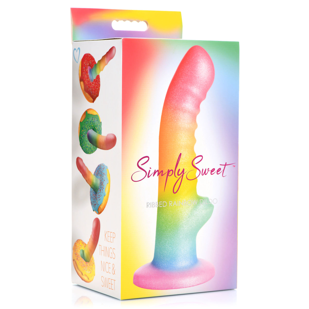 Simply Sweet Ribbed Rainbow Silicone Dildo packaging featuring colorful design and texture for delightful stimulation.