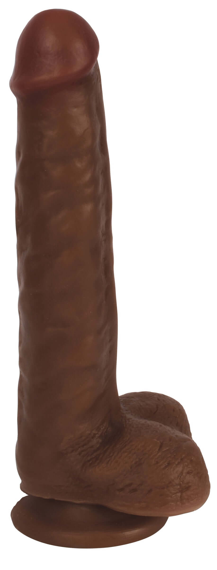 Thinz 8 Inch Slim Dildo with Balls Dark, featuring realistic detailing and a sturdy suction cup base.