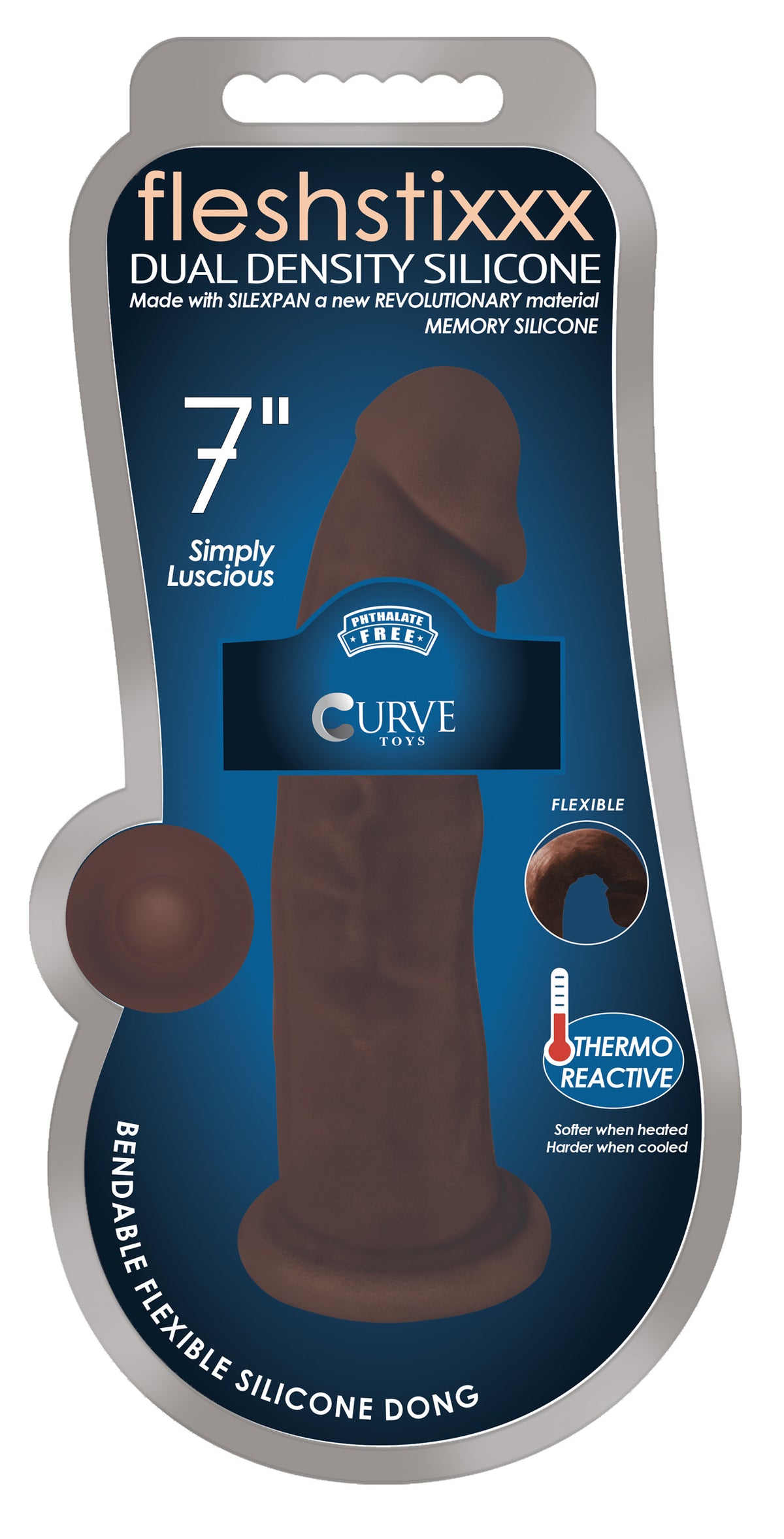 Silexpan Dark Hypoallergenic Silicone Dildo 7 Inch in packaging showcasing its dual density and thermo-reactive features.