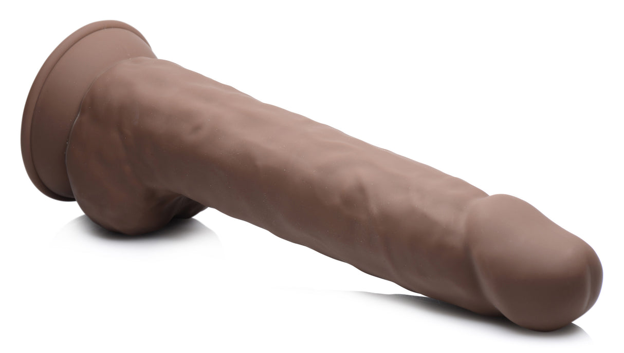 Silexpan Dark Silicone Dildo with Balls 10 Inch, realistic silicone dildo with suction cup base.