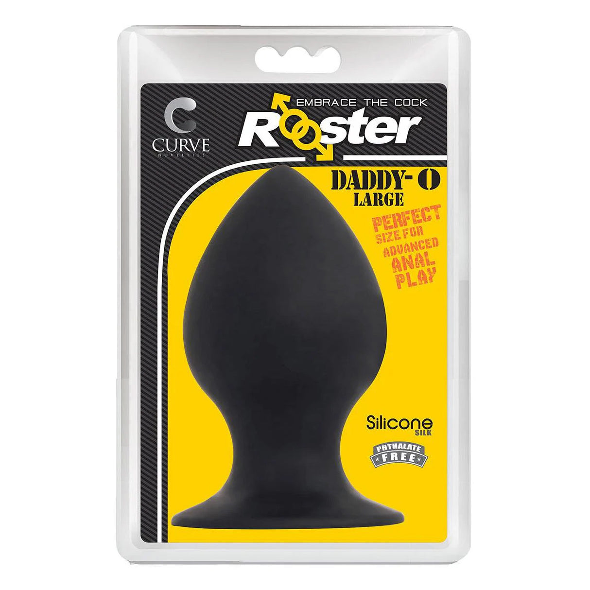 Rooster Daddy-O Silicone Anal Plug Large in black packaging, designed for advanced anal play, featuring seamless silicone.