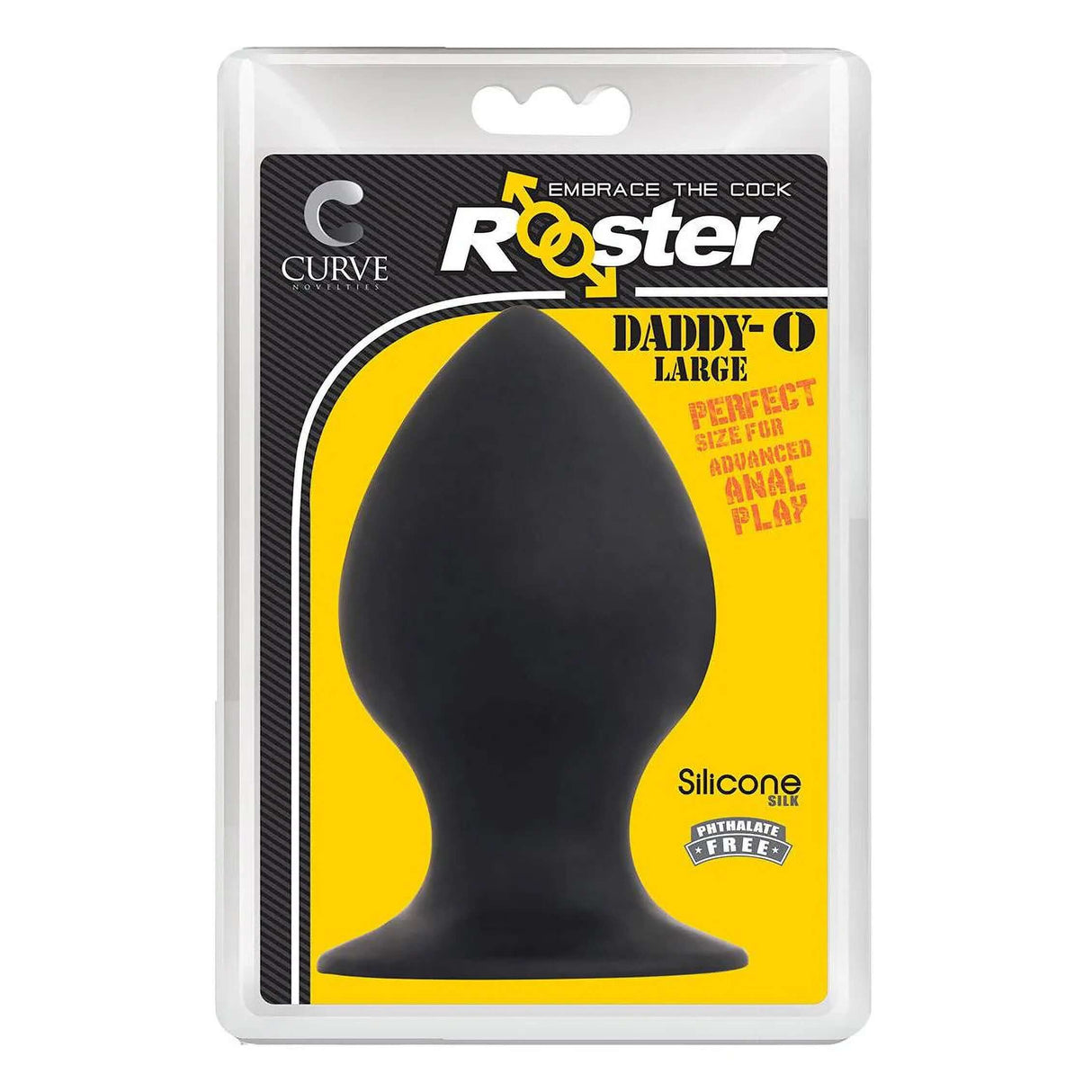 Rooster Daddy-O Silicone Anal Plug Large in black packaging, designed for advanced anal play, featuring seamless silicone.