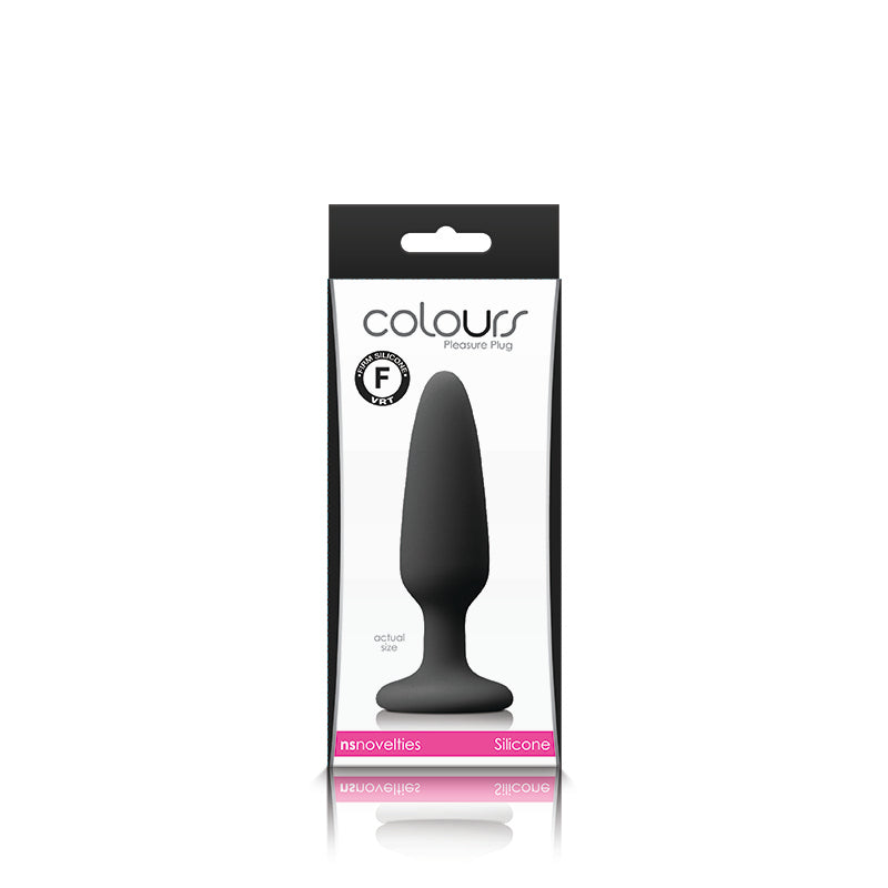 Colours Pleasures Small Silicone Butt Plug Black in packaging, ideal for beginners exploring anal play.