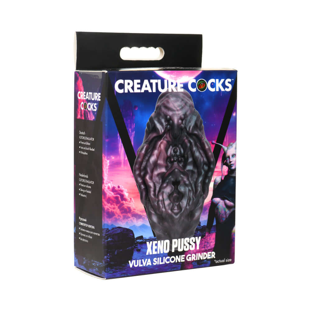 Creature Cocks Xeno Pussy silicone grinder packaging featuring unique alien vulva design for enhanced pleasure.