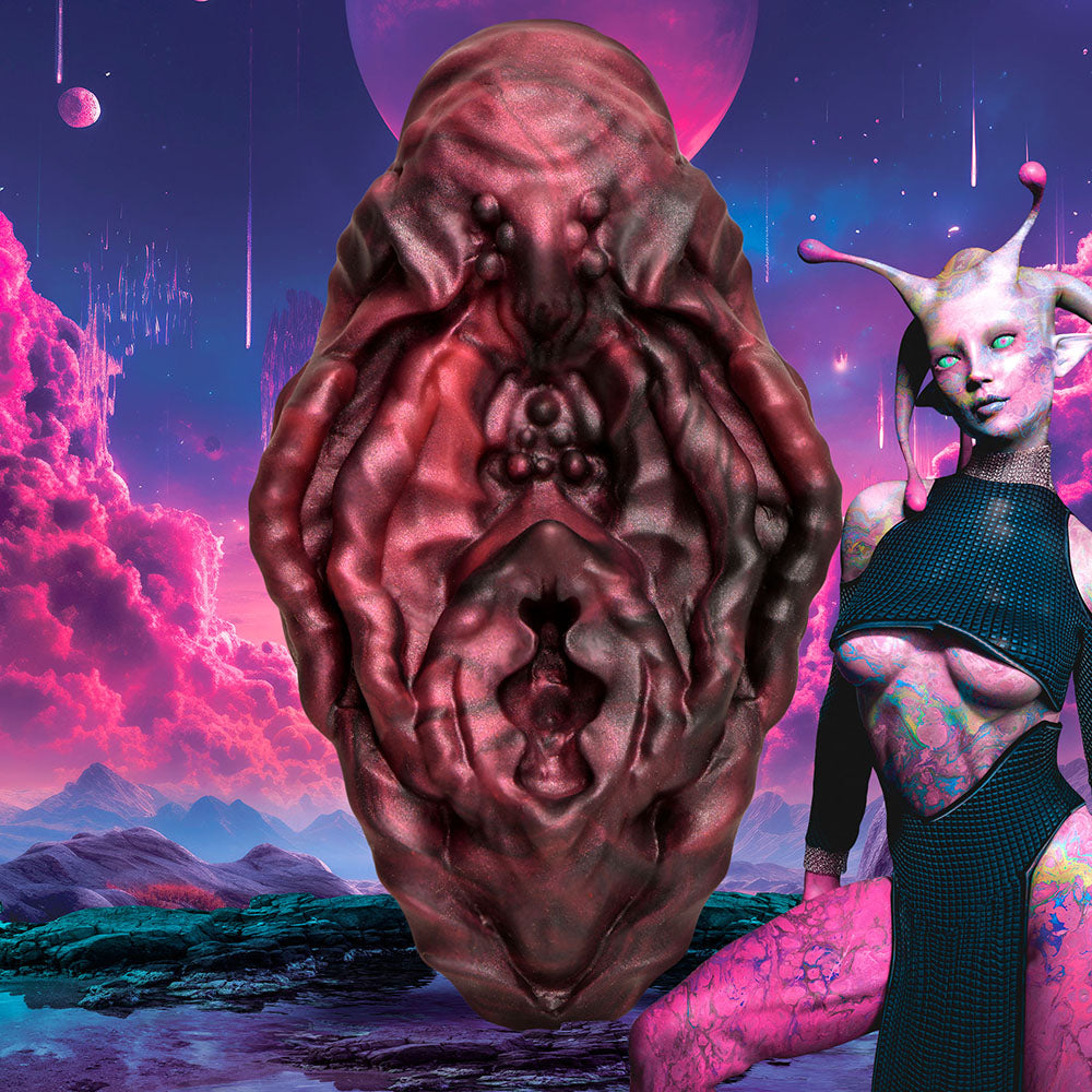 Textured red and black alien vulva grinder against a vibrant cosmic background for enhanced pleasure.