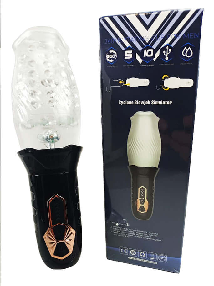 Cyclone Blowjob 360 Rotating Masturbator with clear sleeve and control panel packaging