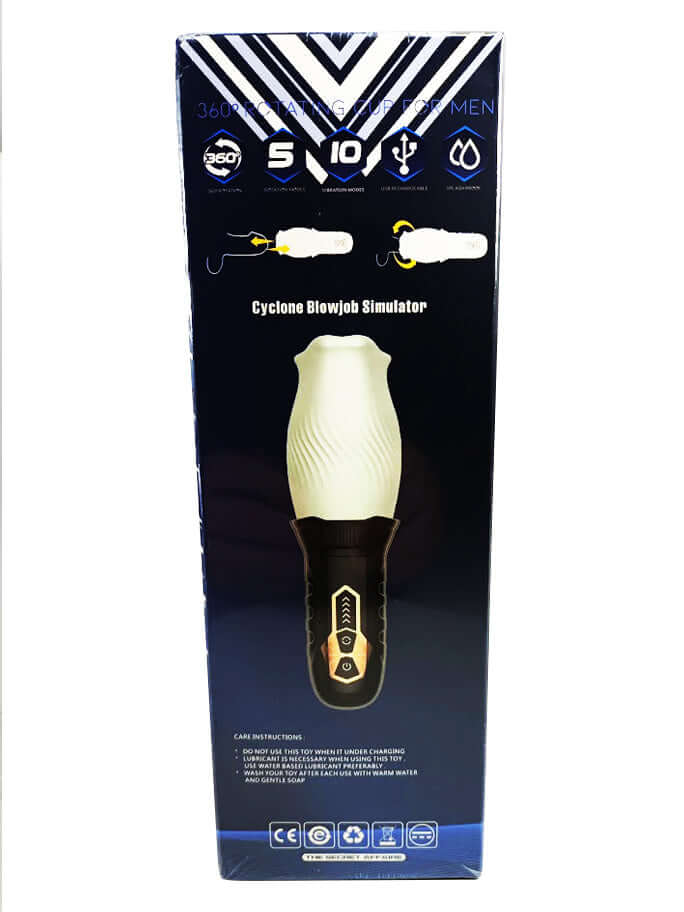 Cyclone Blowjob 360 Rotating Masturbator packaging showcasing design and features.