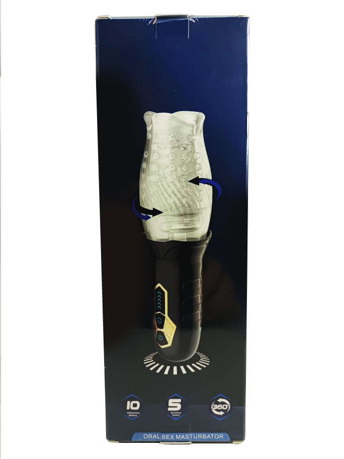 Cyclone Blowjob 360 Rotating Masturbator in packaging showcasing 360-degree rotation and realistic texture.
