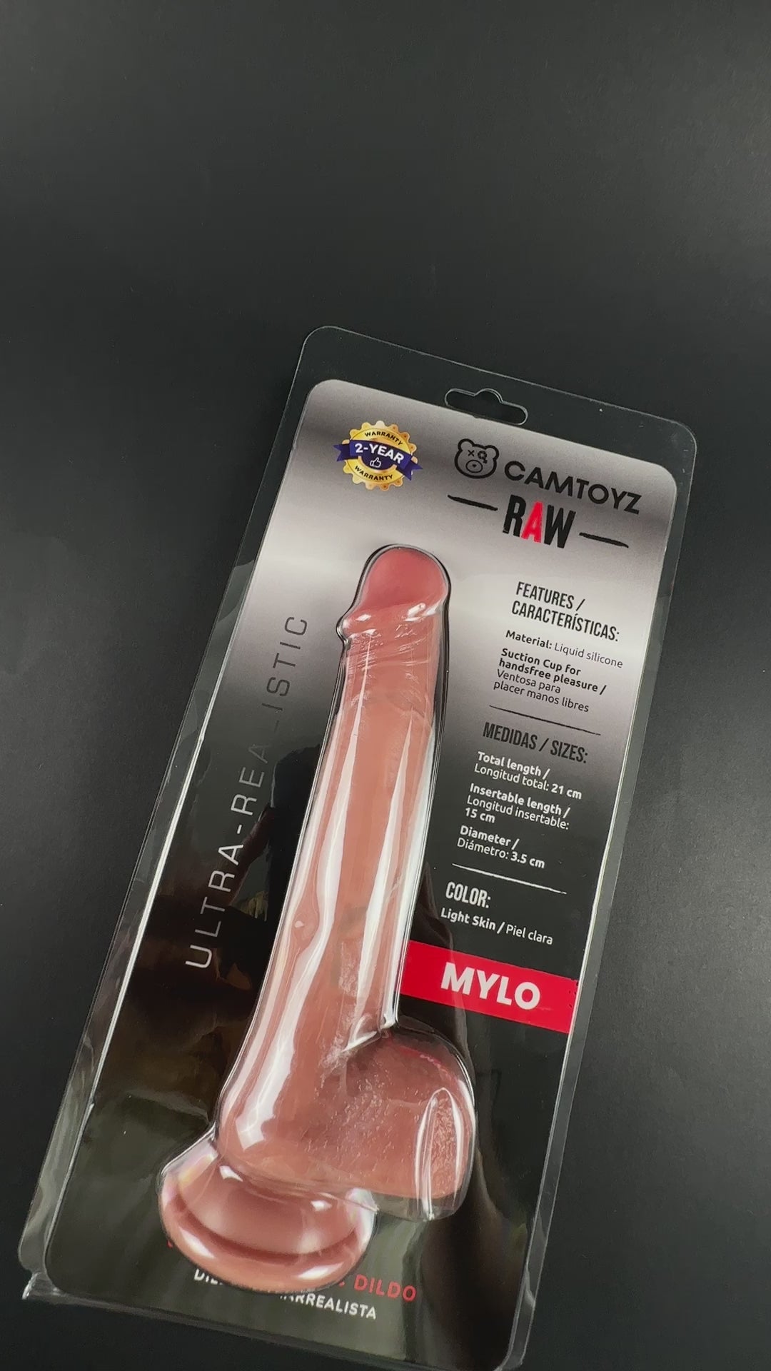 Camtoyz Raw Mylo Ultra-realistic 8 Inch Dildo packaging featuring detailed design and realistic features.