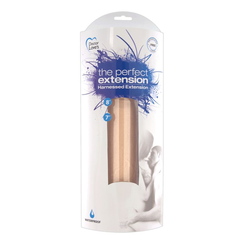 Doctor Love Perfect Extension 9 Inch Penis Extension packaging, showcasing harnessed extension with waterproof design.
