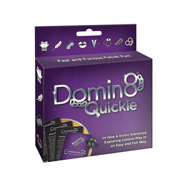 Image of Domin8 Quickie Fetish Fun game box featuring 24 scenario cards for playful couples' date nights.