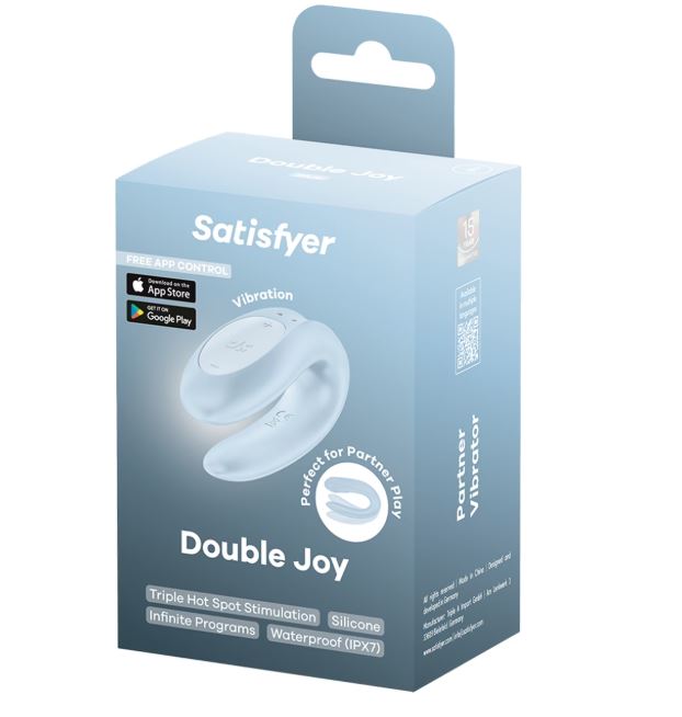 Satisfyer Double Joy App Controlled Couples Vibrator Blue packaging featuring ergonomic design and app control features.