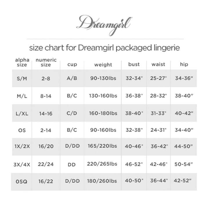 Size chart for Dreamgirl packaged lingerie showing alpha and numeric sizes, weight, and measurements.