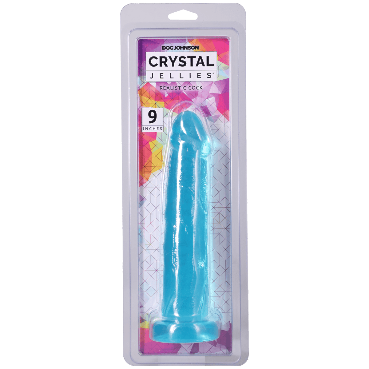 Crystal Jellies Realistic Cock 9 Inch Teal in packaging, featuring a translucent, lifelike design.