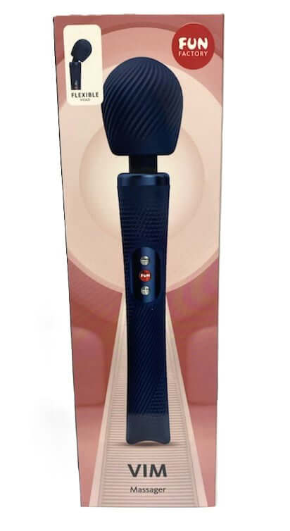 Fun Factory Vim Wand Massager Night Blue packaging showcasing flexible design and sleek texture for intense pleasure