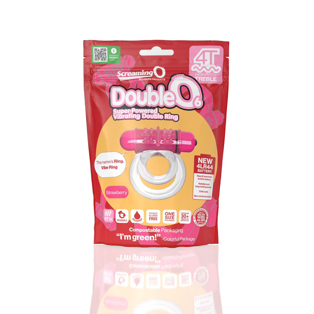 Screaming O 4T DoubleO 6 Vibrating Double Ring Strawberry packaging with double rings and vibrant design.