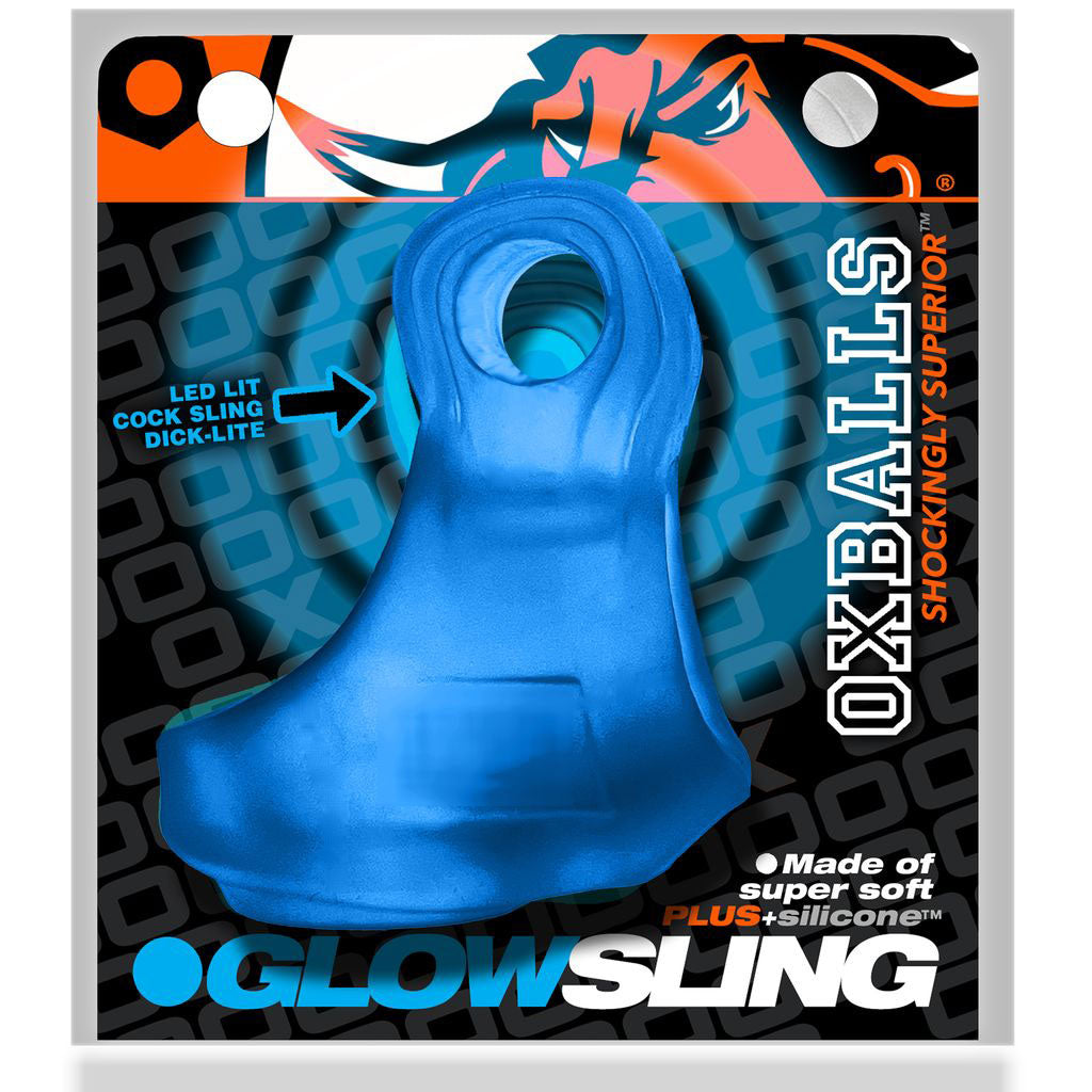 Oxballs Glowsling Cock Sling LED Blue Ice product packaging showcasing a vibrant blue cock sling with LED feature.