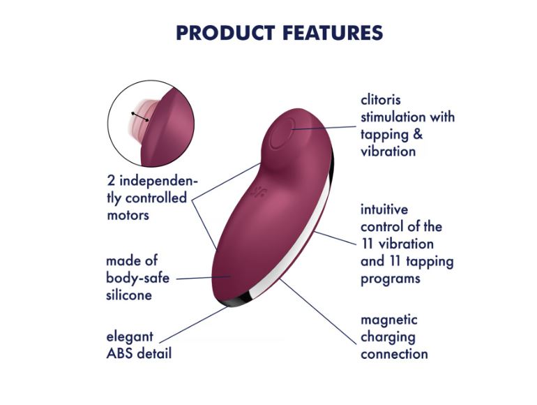 Satisfyer Tap & Climax 2 Lay-On Clitoral Vibrator Red product features highlighting clitoral stimulation and controls.