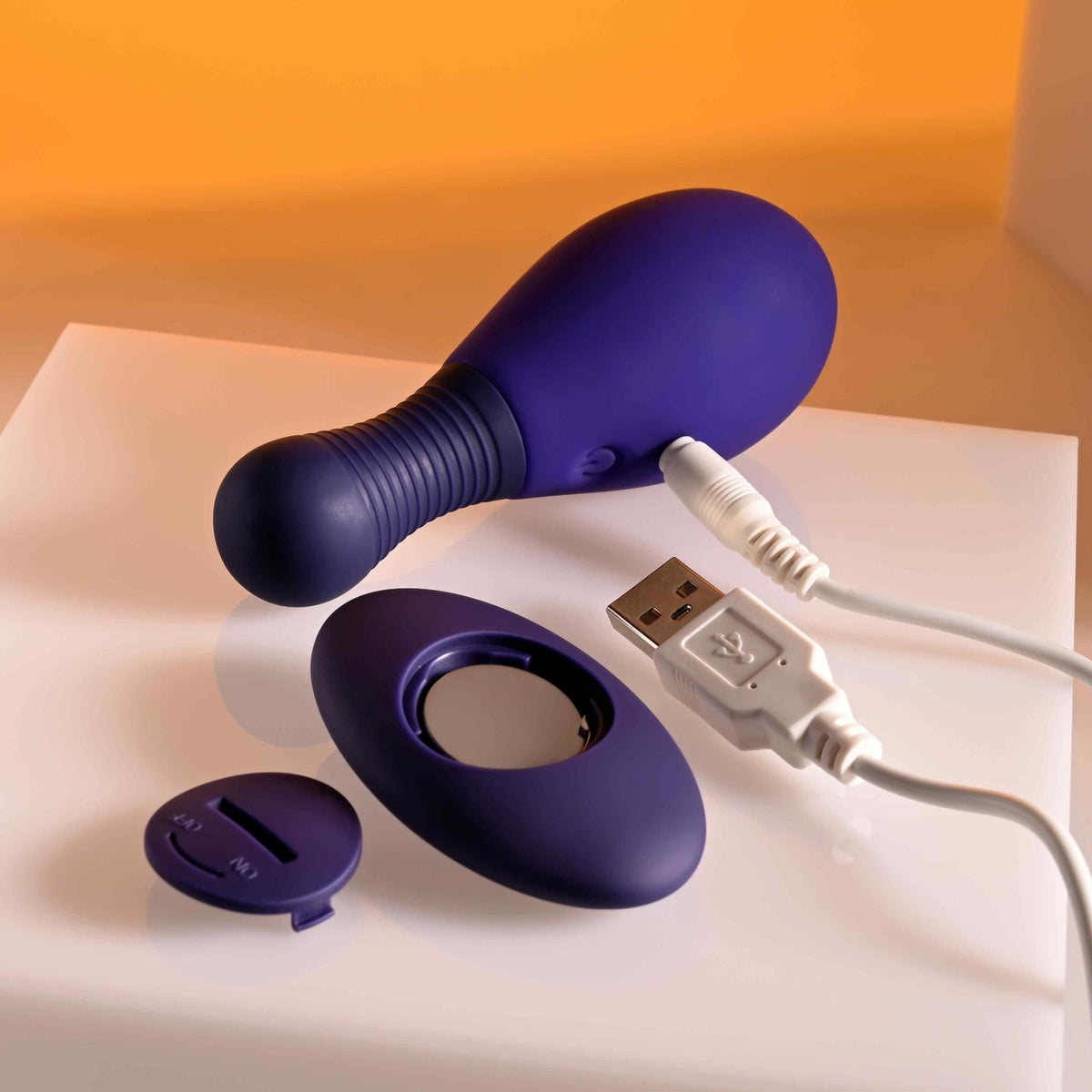 Selopa Egg Me On Remote Control Egg Vibrator Purple with USB charging cable on a white surface.