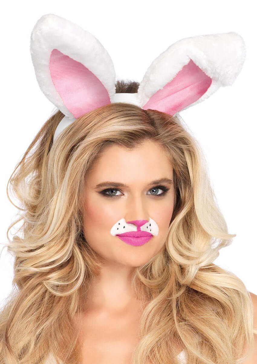 Leg Avenue Plush Bunny Rabbit Ears Headband White worn by a model with a bunny nose and makeup.