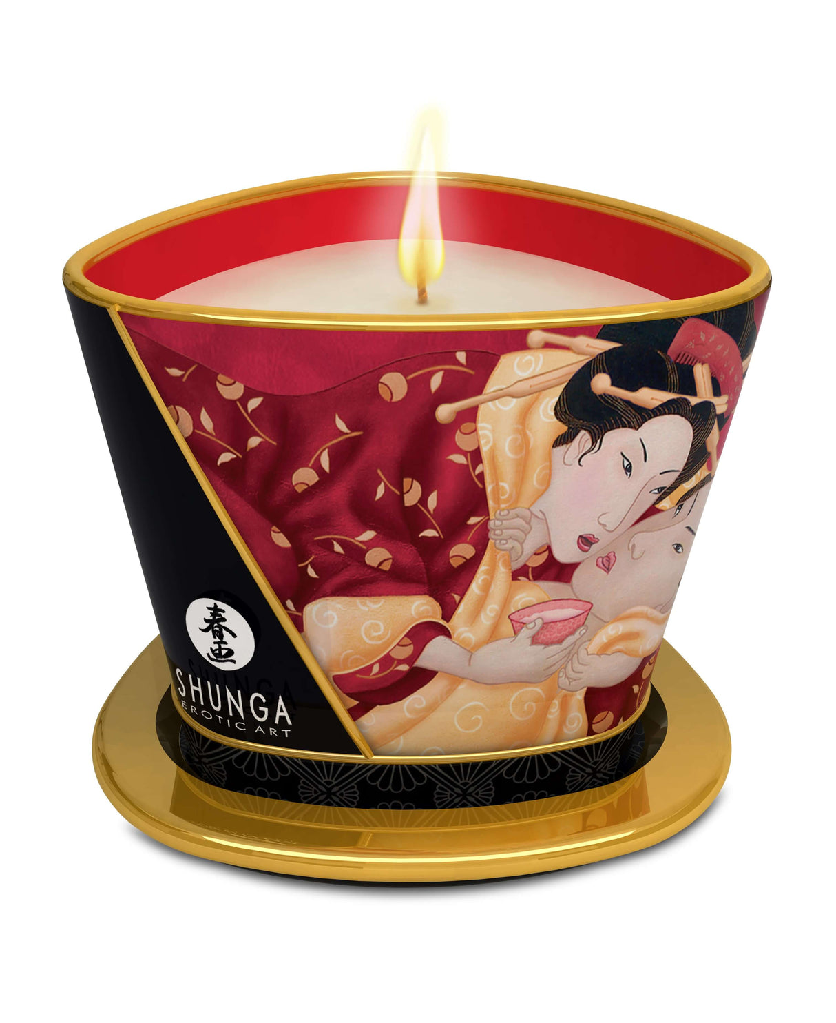 Shunga Massage Candle Sparkling Strawberry Wine 5.7 Oz in a decorative tin with Japanese art design.