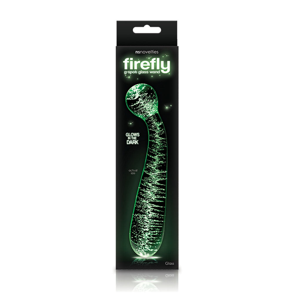 Firefly G-Spot Glass Wand Glow in the Dark Clear in sleek packaging, designed for precision pleasure and glowing fun.