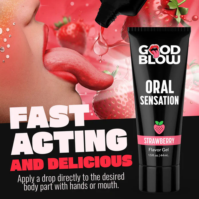Good Blow Warming Oral Sensation Gel Strawberry tube with strawberry background highlighting flavor and texture.