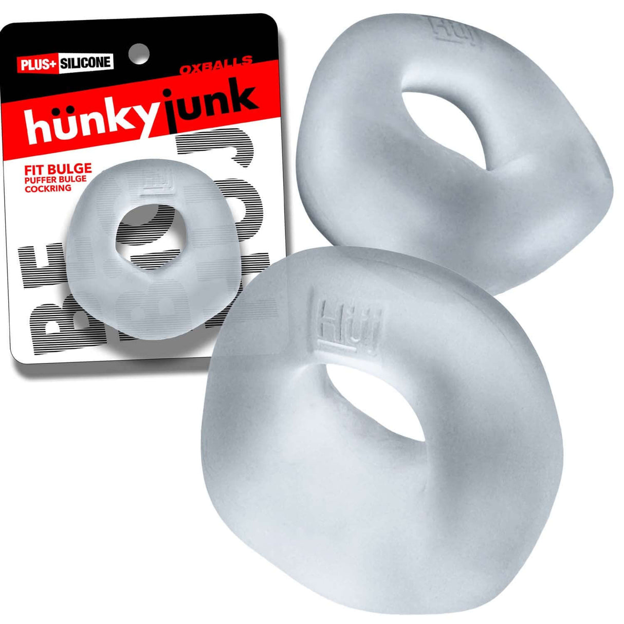 Oxballs Fit Bulge Hung-Style Cockring Clear Steam displayed in packaging with two silicone cockrings.