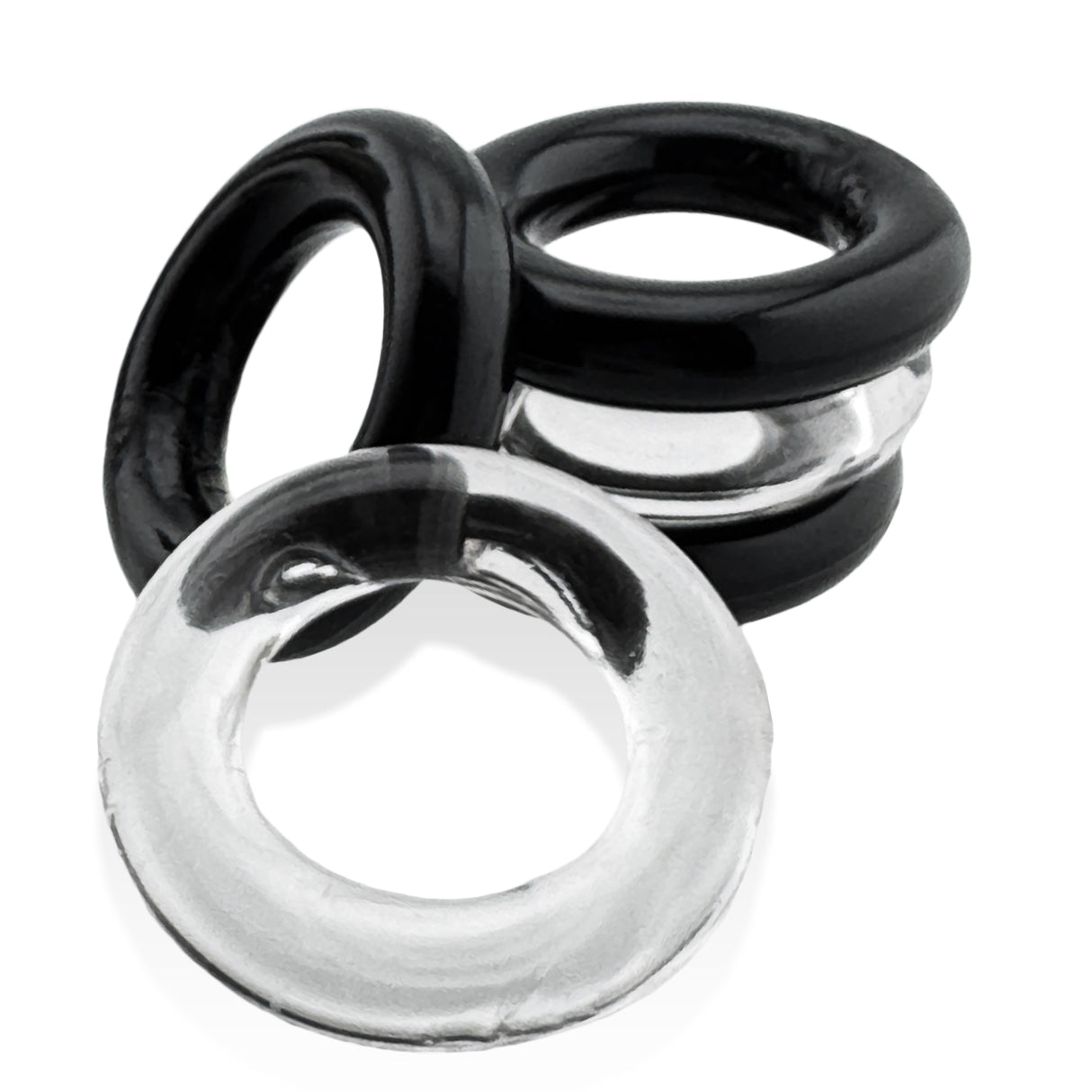 Oxballs Jacker 5-Stack Five-Pack Tube Super-Strong Cockrings featuring black and clear stretchy rings.
