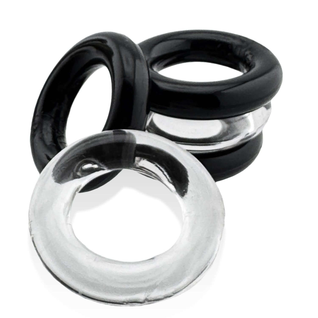 Oxballs Jacker 5-Stack Five-Pack Tube Super-Strong Cockrings featuring black and clear stretchy rings.
