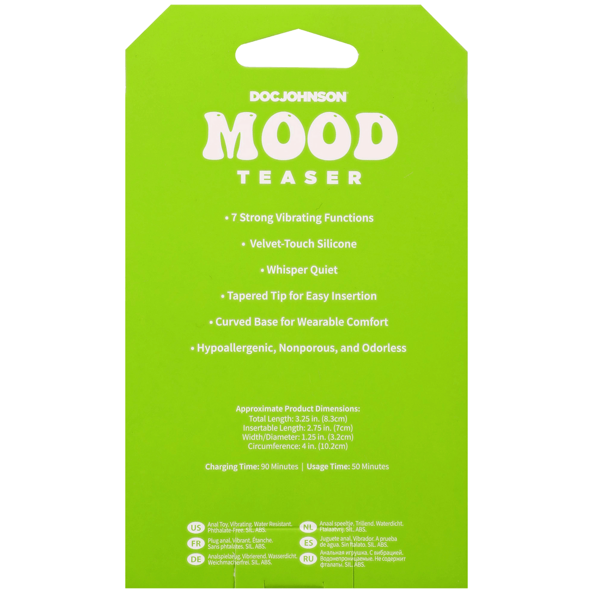 Mood Teaser Vibrating Micro Plug Pink packaging details including 7 vibrating functions and velvet-touch silicone.