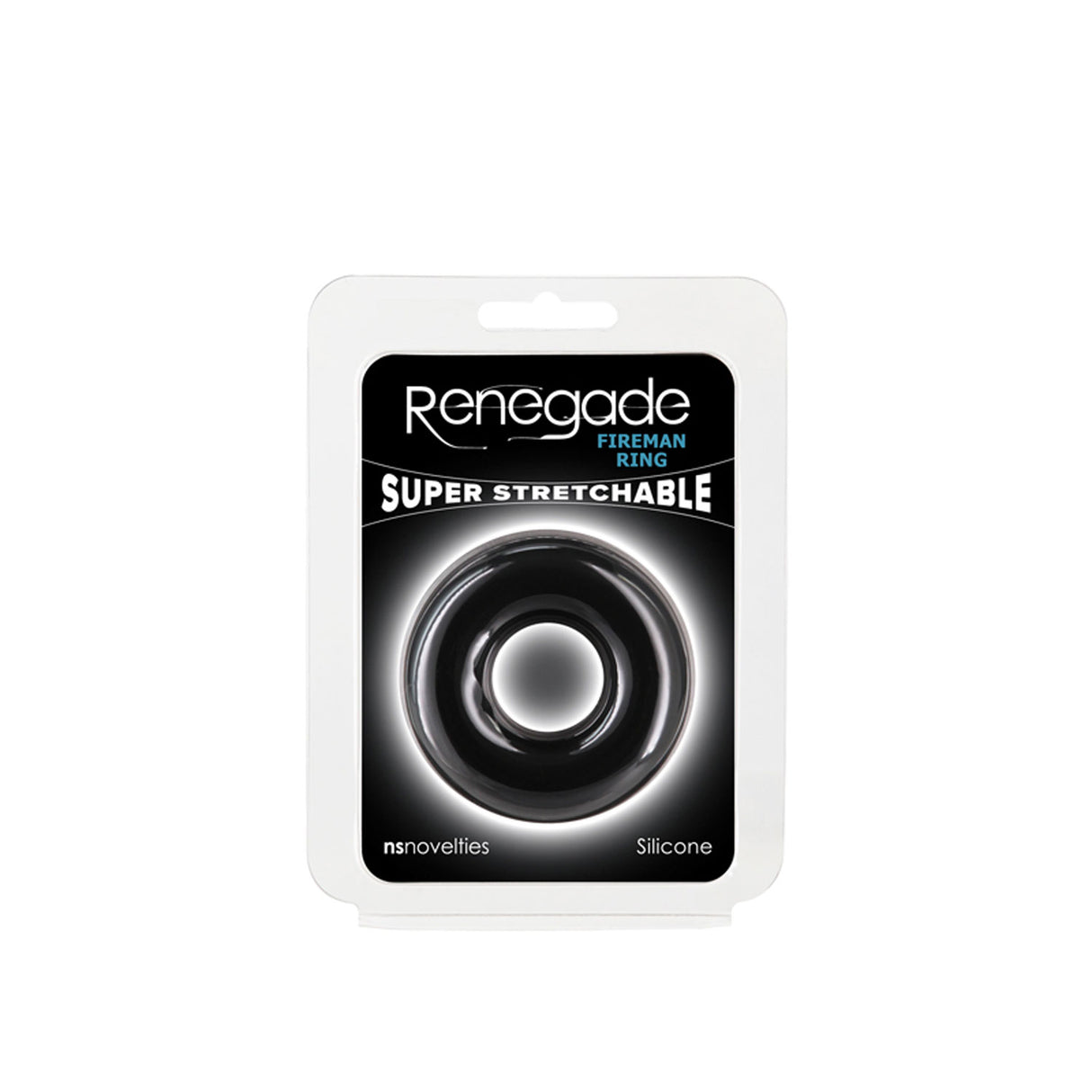 Renegade Fireman Ring Silicone Cock Ring Large Black packaging featuring a super stretchable silicone ring for enhanced performance.