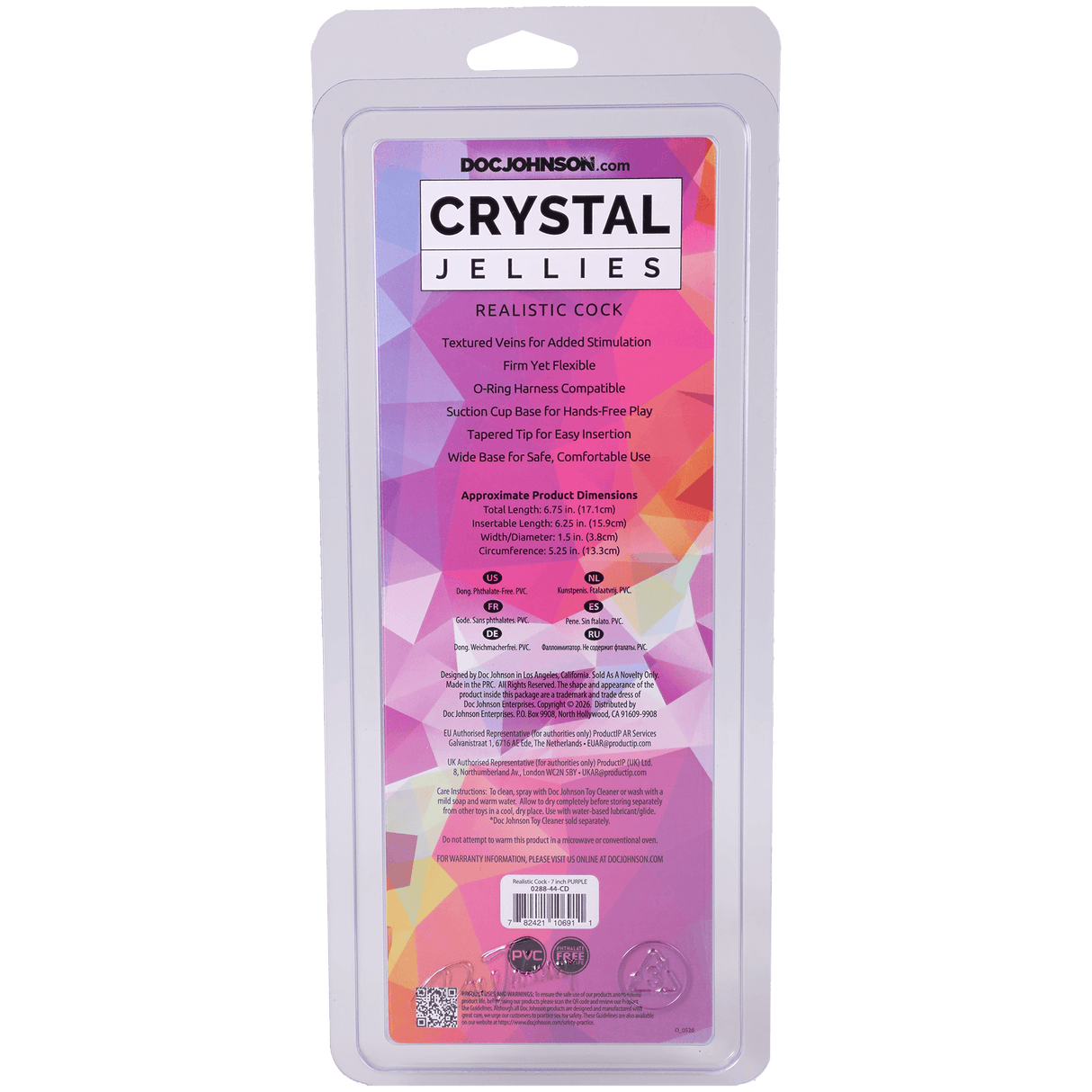 Crystal Jellies Realistic Cock 7 Inches Purple packaging, featuring O-ring harness compatibility and suction cup base.