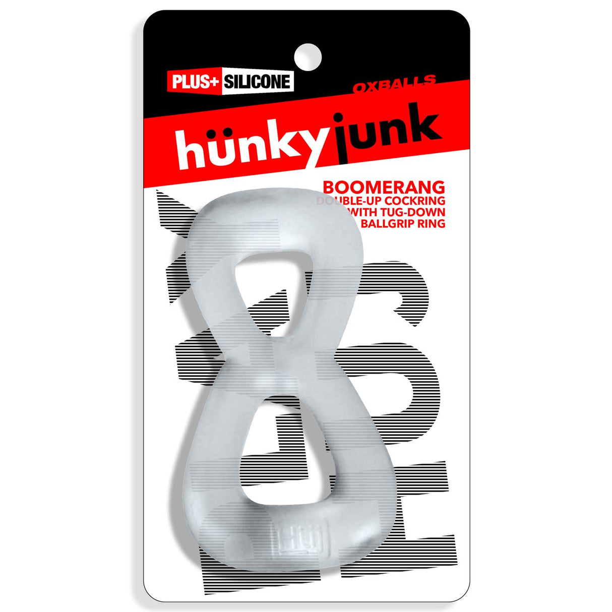 Oxballs Boomerang Double-Ring Cockring & Nut-Tugger Clear Steam packaging with hunky junk logo
