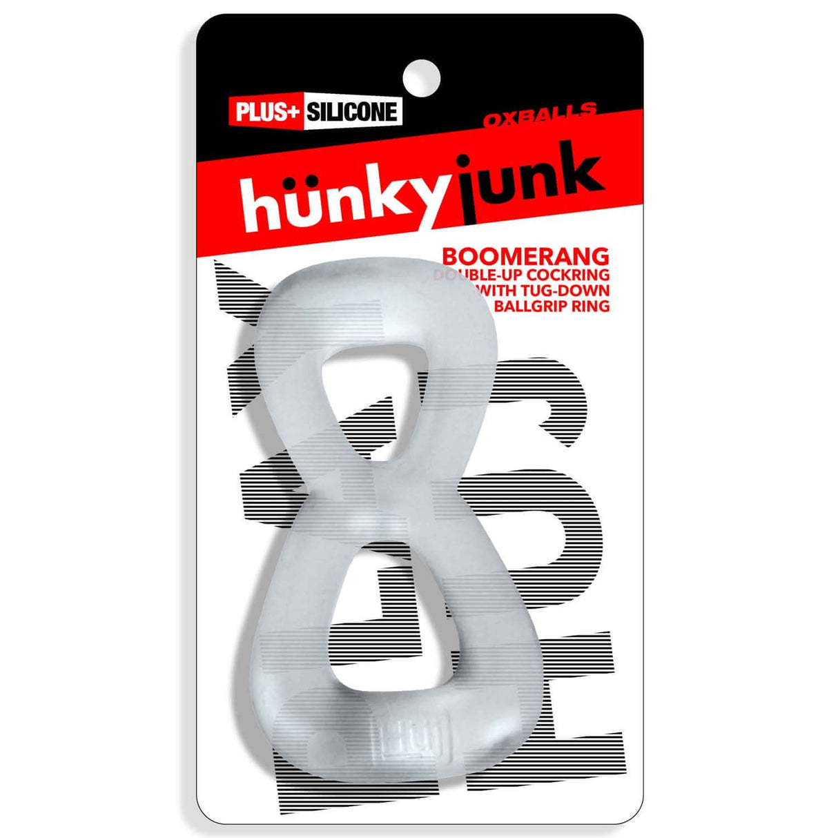 Oxballs Boomerang Double-Ring Cockring & Nut-Tugger Clear Steam packaging with hunky junk logo