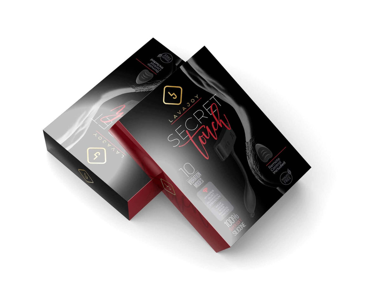 Secret Touch Vibrating Panty Vibe with Remote Control packaging design showcasing sleek, sensual style and features.