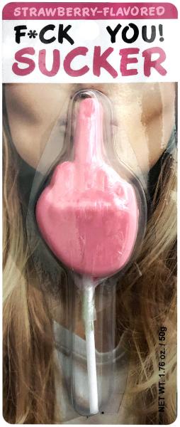 Kheper Games Fuck You Sucker Strawberry Lollipop in packaging with a cheeky design.