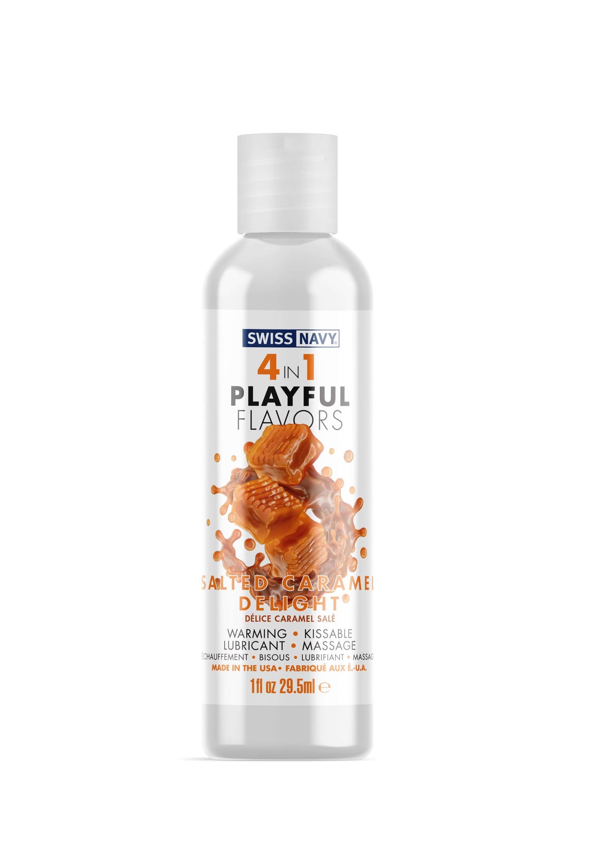 Swiss Navy 4-in-1 Playful Flavors Salted Caramel Delight 1 Oz bottle with warming lubricant and edible treat.