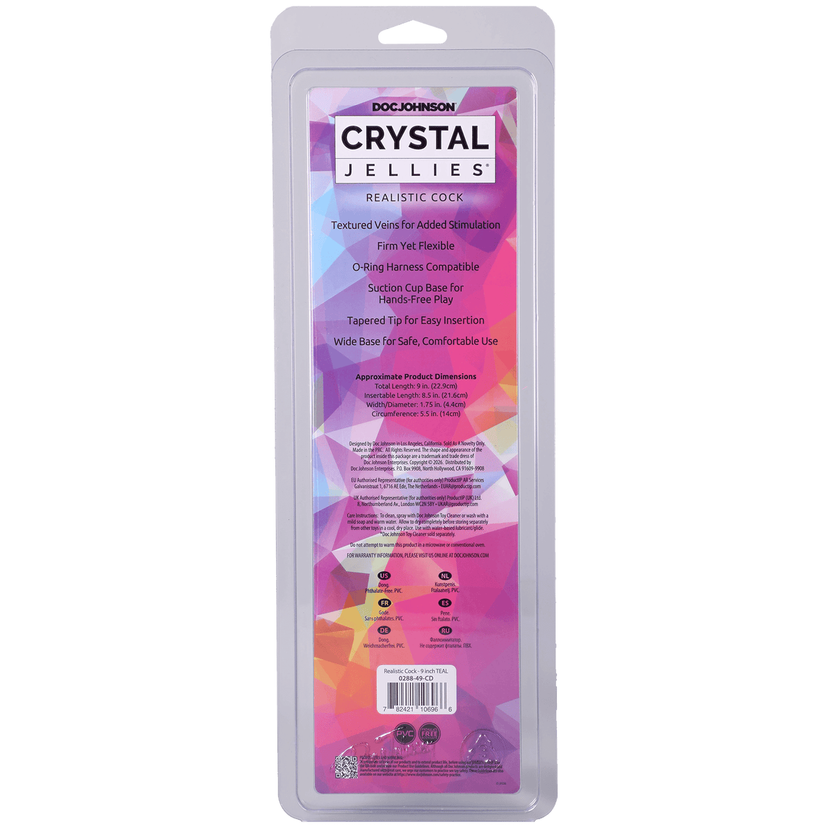 Crystal Jellies Realistic Cock 9 Inch Teal package back with product details and features highlighted.