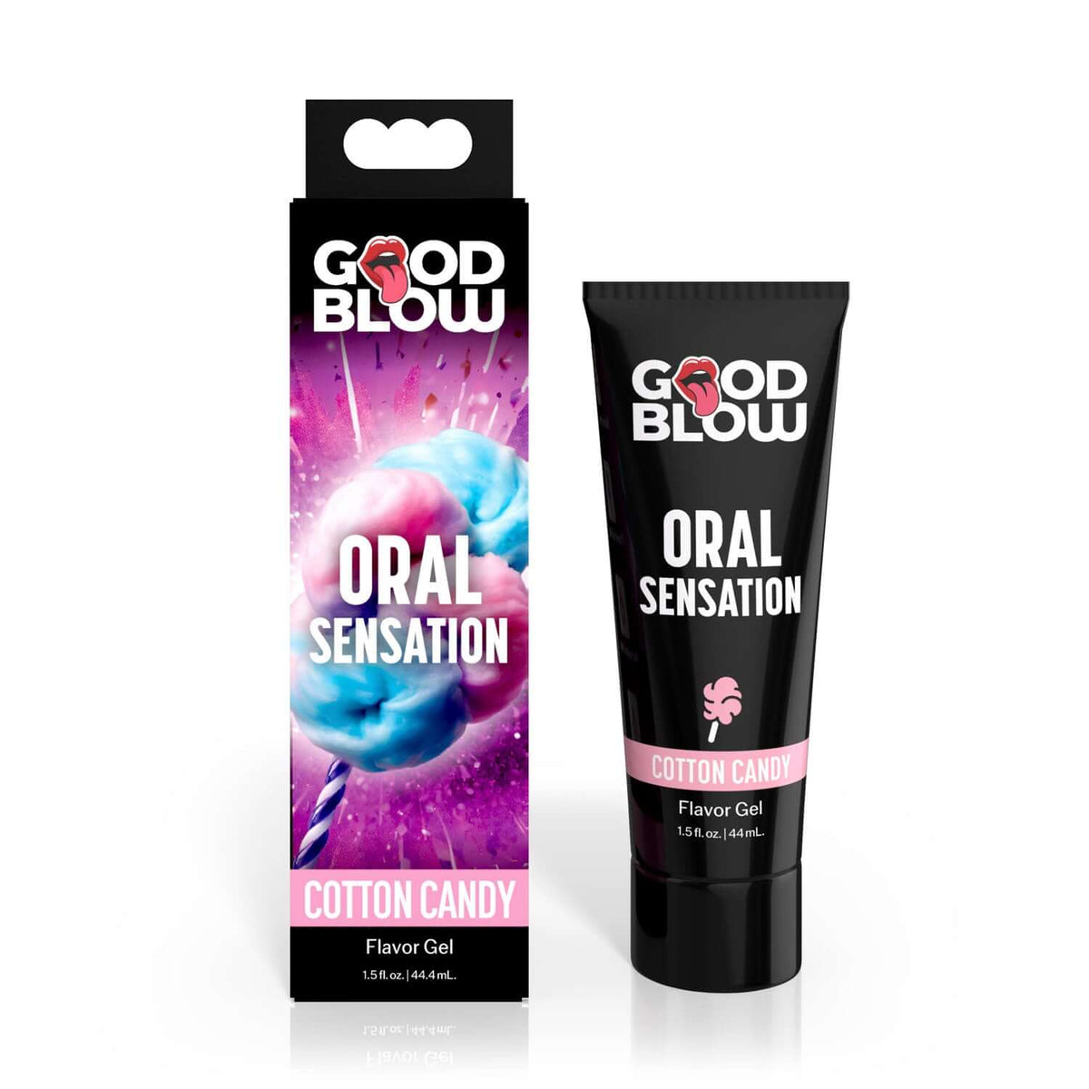 Good Blow Oral Sensation Gel Cotton Candy 1.5 Oz flavor gel tube and box packaging with colorful design.
