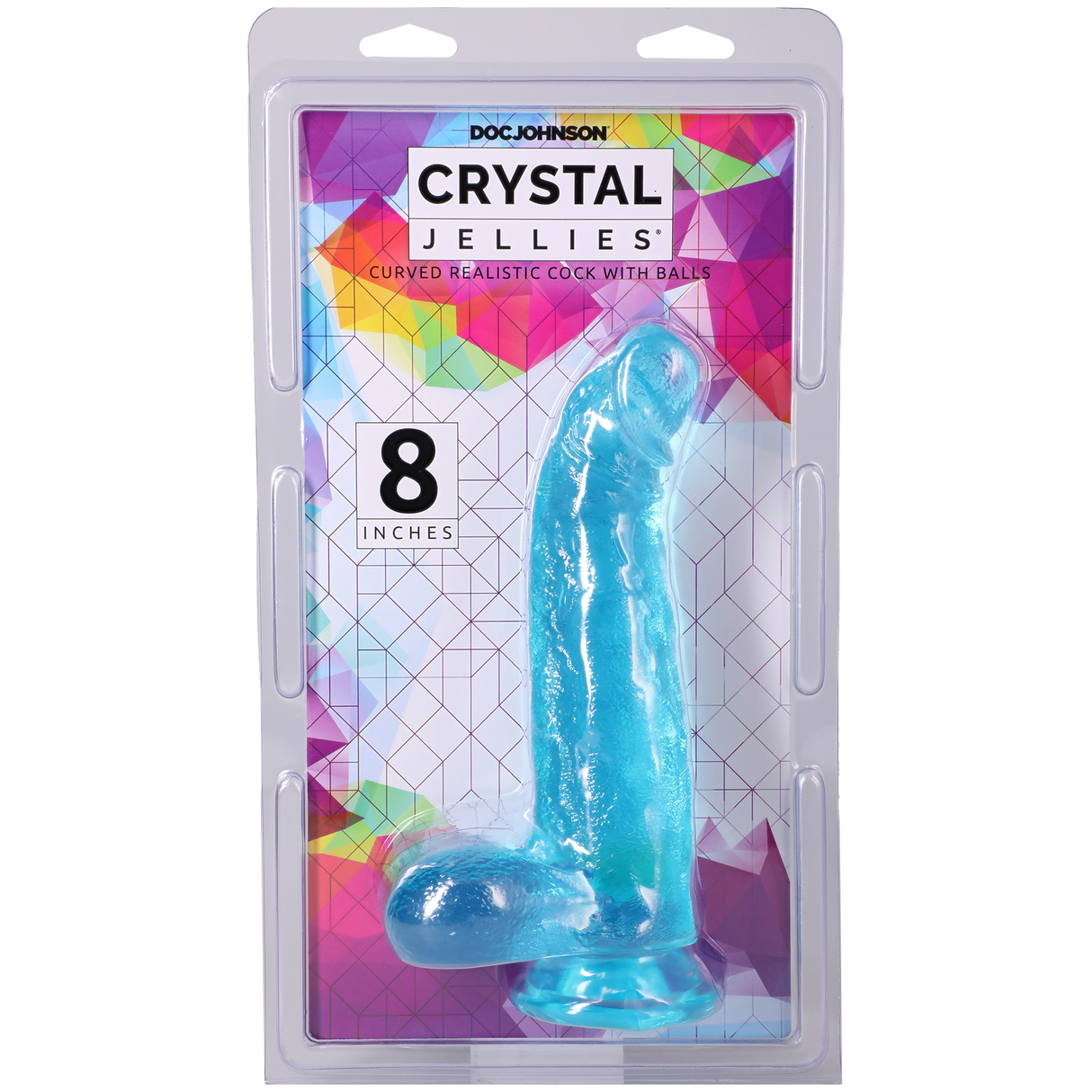 Crystal Jellies Curved Realistic Cock With Balls 8 Inch Teal in packaging, showcasing its vibrant color and design.
