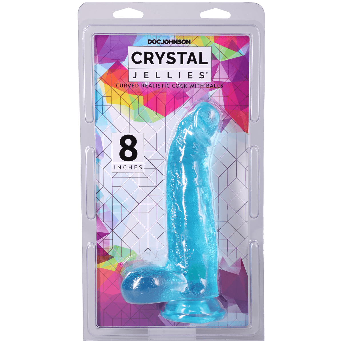 Crystal Jellies Curved Realistic Cock With Balls 8 Inch Teal in packaging, showcasing its vibrant color and design.