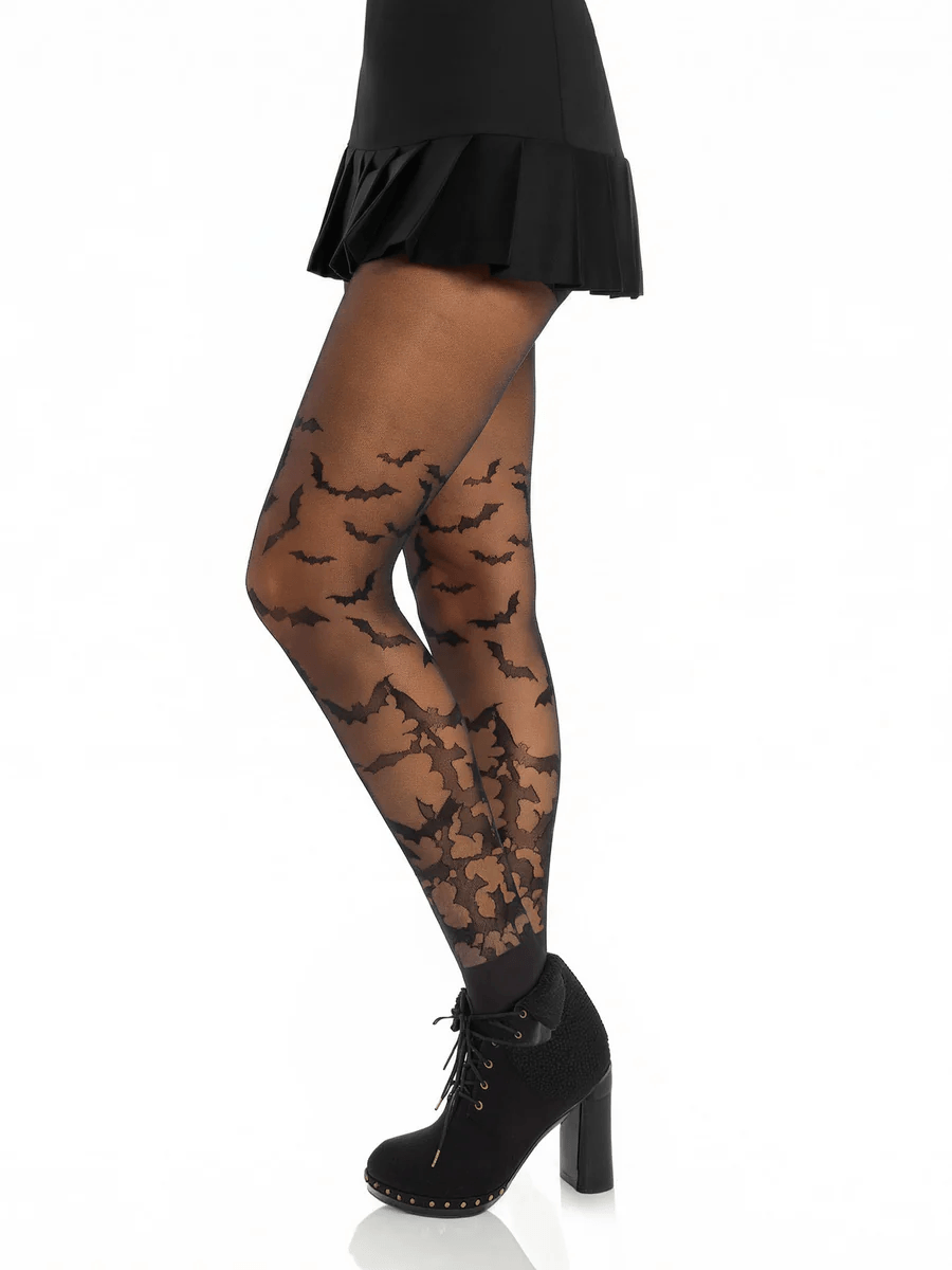 Leg Avenue Bat Wing Sheer Tights Black OS featuring bat silhouettes on sheer fabric, perfect for Halloween costumes.