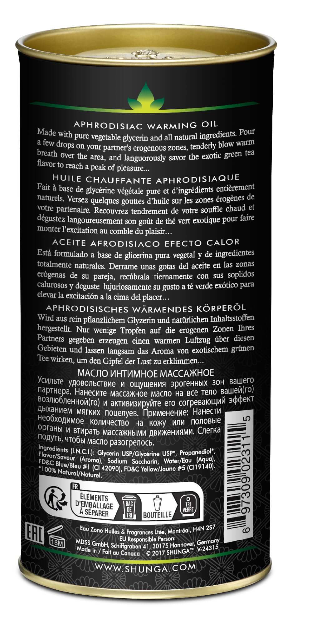 Shunga Aphrodisiac Warming Oil Exotic Green Tea 3.5 Oz packaging with product details and instructions.