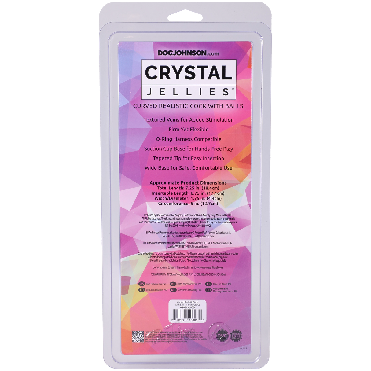 Crystal Jellies Curved Cock With Balls 7 Inch Purple packaging showing product features and dimensions.