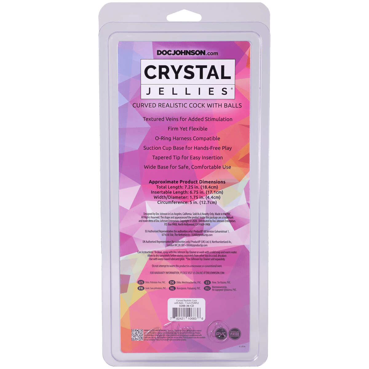 Crystal Jellies Curved Cock With Balls 7 Inch Purple packaging showing product features and dimensions.