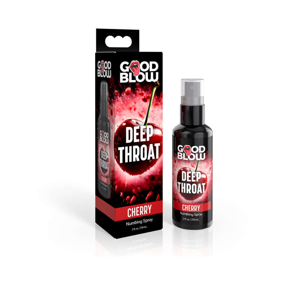 Good Blow Deep Throat Cherry Spray 1 oz packaging and bottle for intimate enjoyment and numbing experience.